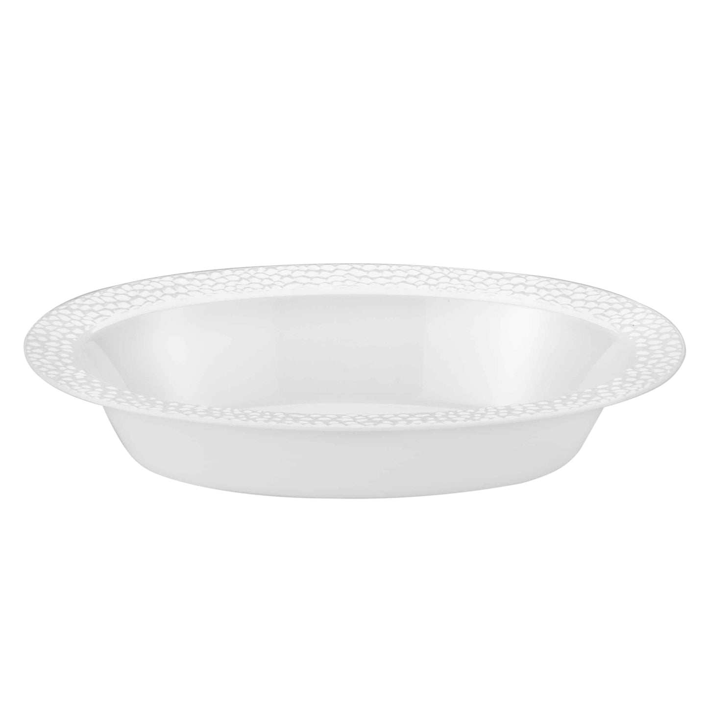 A stylish 48 oz. pebbled oval bowl in clear and pearl tones with a textured surface, perfect for serving large portions of salads, fruits, or snacks at meals and events.
