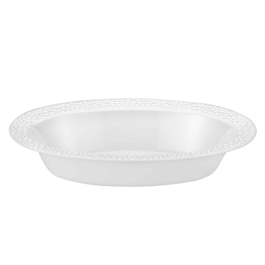 A stylish 48 oz. pebbled oval bowl in clear and pearl tones with a textured surface, perfect for serving large portions of salads, fruits, or snacks at meals and events.