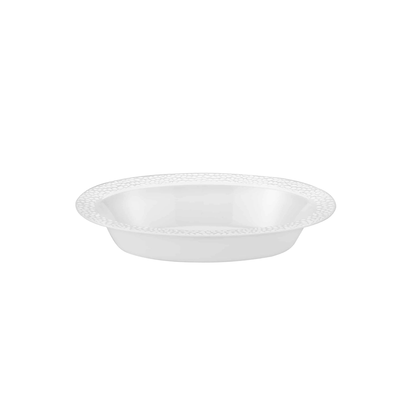 A beautiful 7 oz. pebbled oval bowl featuring clear and pearl tones with a textured surface, ideal for serving dips, desserts, or snacks at dining tables and events.