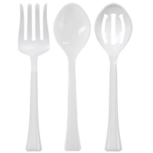 3-piece serving set featuring a salad fork, serving spoon, and slotted spoon in Clear, Pearl, and Black. Durable, lightweight, and elegant for special events or everyday dining.