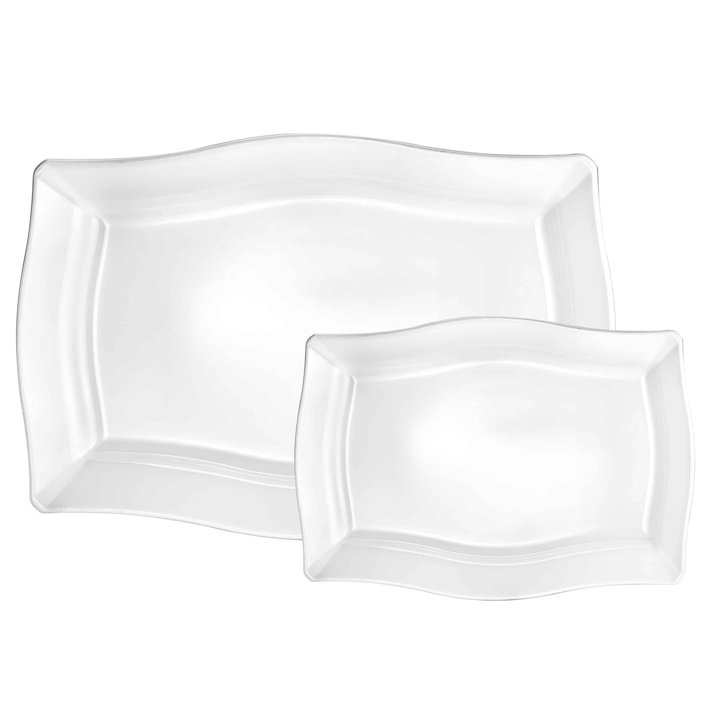 Fluted Tray Combo Set with 3 large and 3 small rectangular trays, available in clear and pearl finishes, featuring stylish fluted edges for elegant food presentation.
