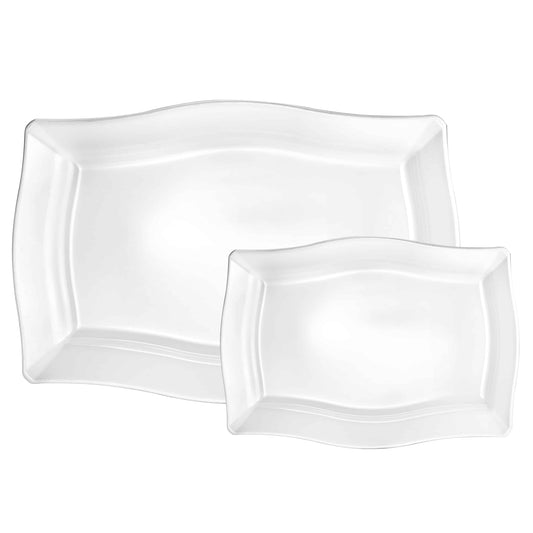 Fluted Tray Combo Set with 3 large and 3 small rectangular trays, available in clear and pearl finishes, featuring stylish fluted edges for elegant food presentation.