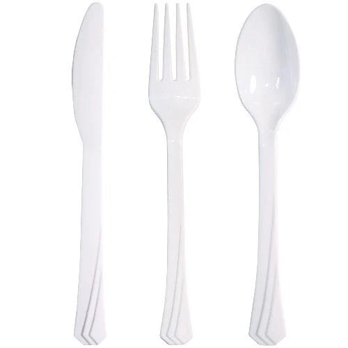 Plastic cutlery combo set with forks, knives, and spoons in Clear, Pearl, Yellow, Pink, Hydrangea, Light Blue, Silver, Gold, Island Blue, Red, Orange, Blue, Black, Hot Pink & Lime Green.
