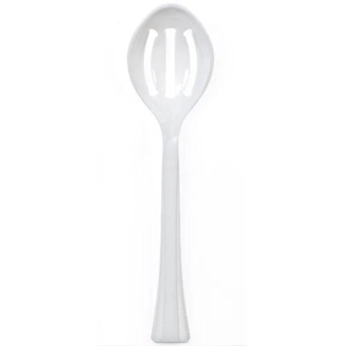 Clear, Pearl, and Black slotted serving spoon ideal for draining and serving food at events, weddings, or casual dining, offering durability and an elegant design.