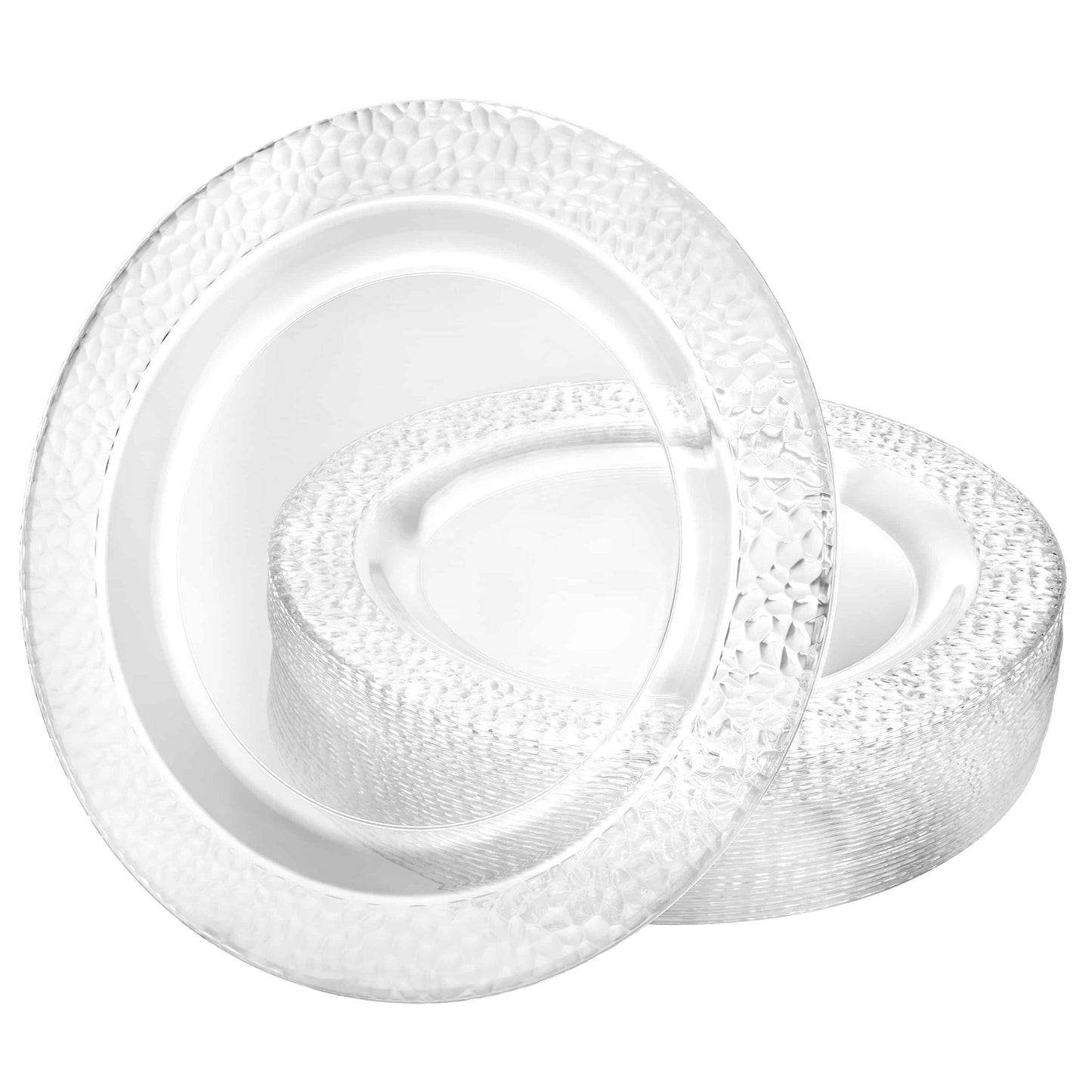 Pebbled Clear Plates in 7.5", 9", and 10.25" sizes; premium disposable plates for elegant dining, perfect for weddings, parties, and upscale events, with a stylish pebbled texture design