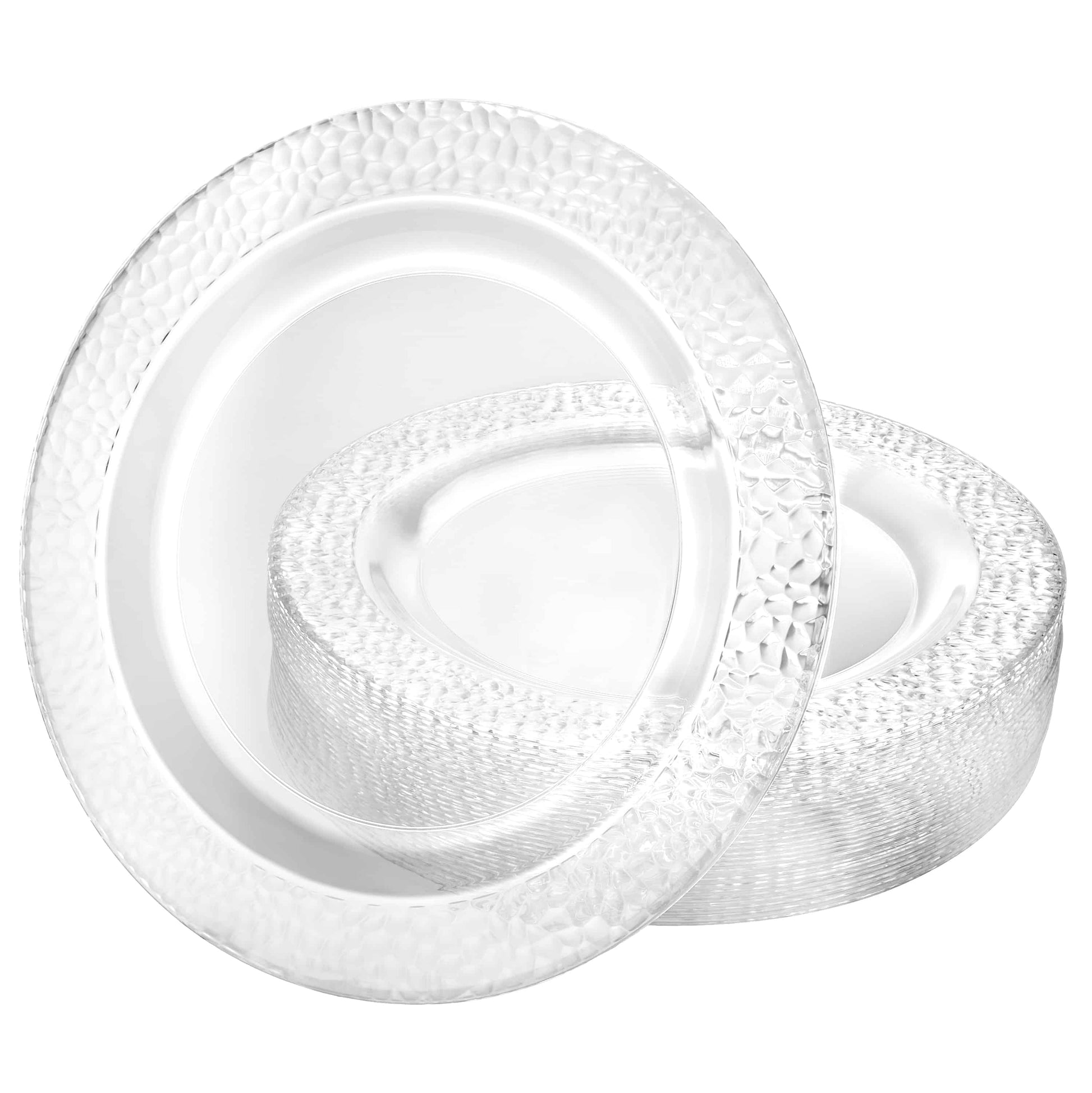 Pebbled Clear Plates in 7.5", 9", and 10.25" sizes; premium disposable plates for elegant dining, perfect for weddings, parties, and upscale events, with a stylish pebbled texture design