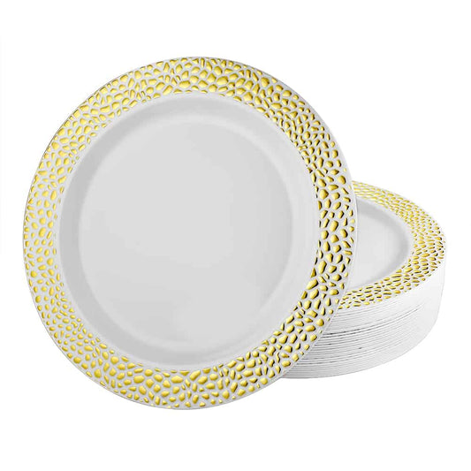 Stylish Pebbled Gold Plates available in 7.5", 9", and 10.25" sizes with textured design and gold finish, perfect for elegant dining at weddings, parties, and formal events