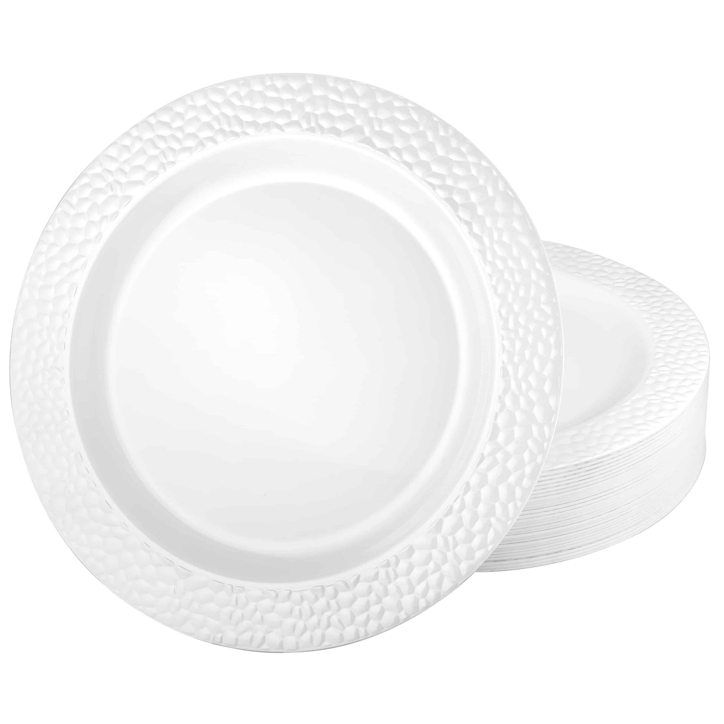 Pebbled Pearl Plates in 7.5", 9", and 10.25" sizes; elegant disposable plates with a pebbled texture and pearl finish, perfect for weddings, events, and sophisticated dining experiences