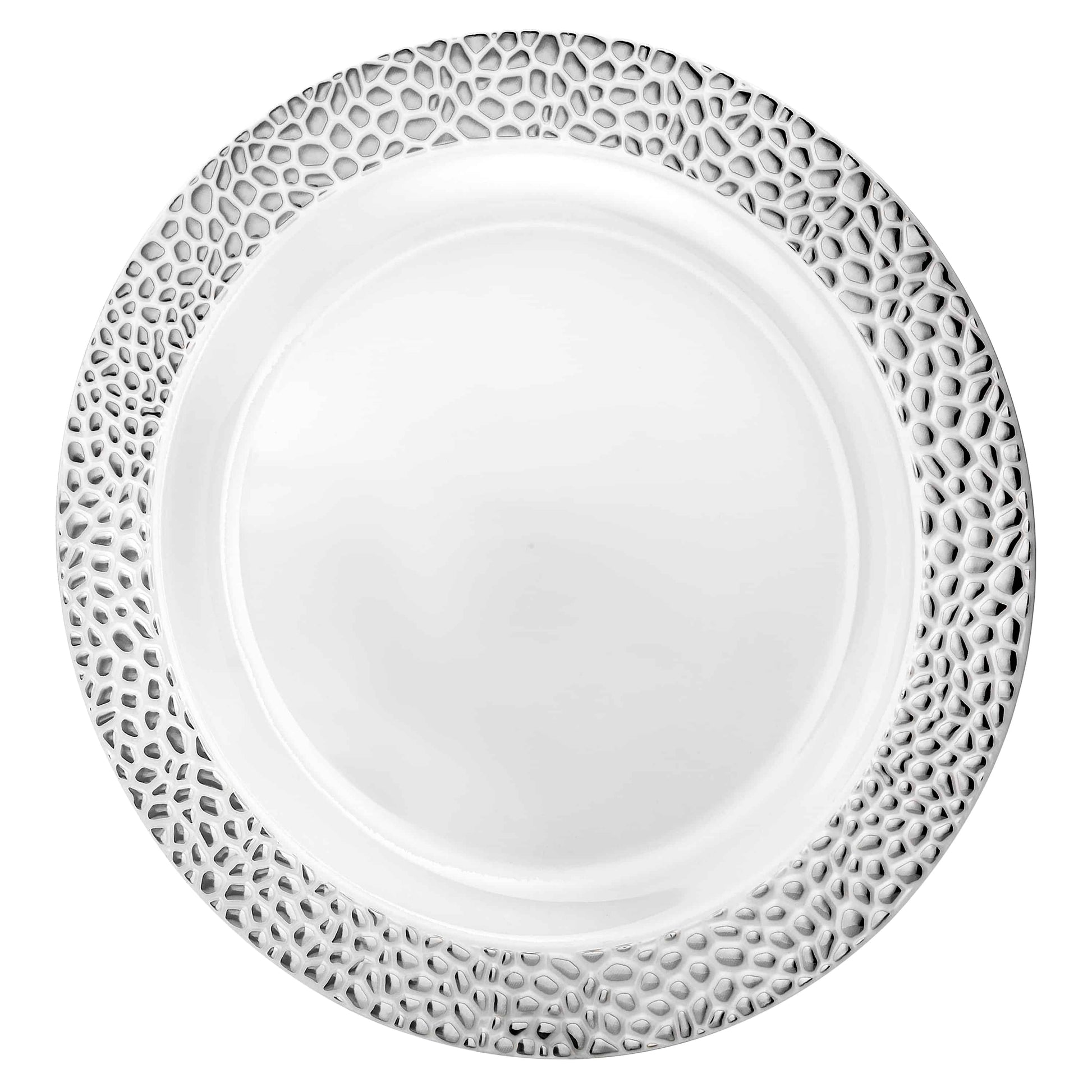 Elegant Pebbled Silver Plates in 7.5-inch, 9-inch, and 10.25-inch sizes with a stylish texture and silver finish, perfect for formal events, weddings, and parties