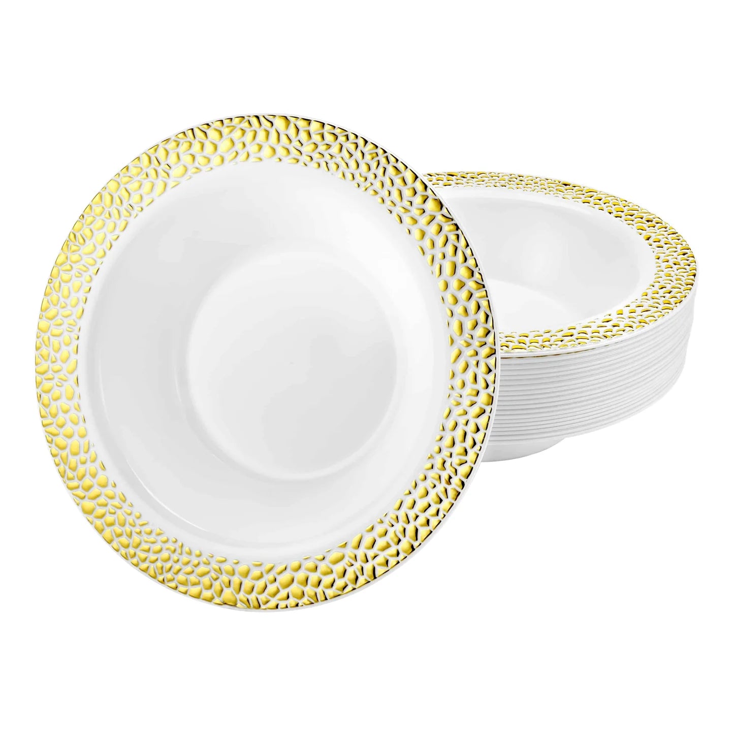 Elegant 5oz and 14oz Pebbled Gold Bowls featuring a stylish texture and gold finish, ideal for serving soups, desserts, and salads at weddings, parties, and formal events