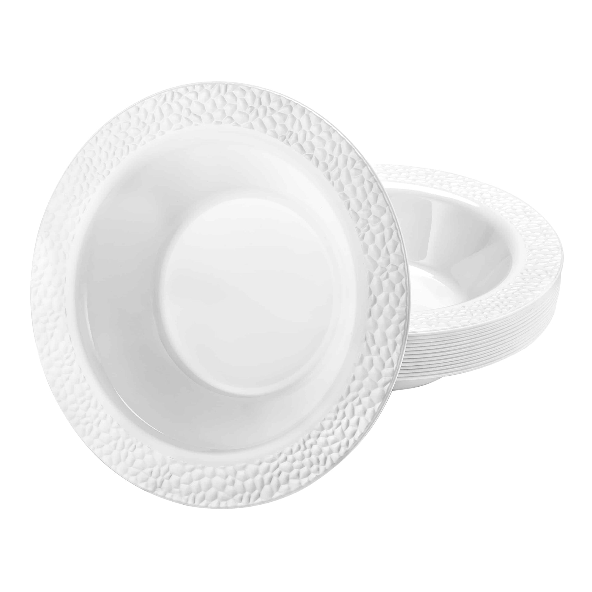 Elegant Pebbled Pearl Bowls in 5oz and 14oz sizes with a textured design and pearl finish, perfect for serving soups, salads, or desserts at formal events and celebrations