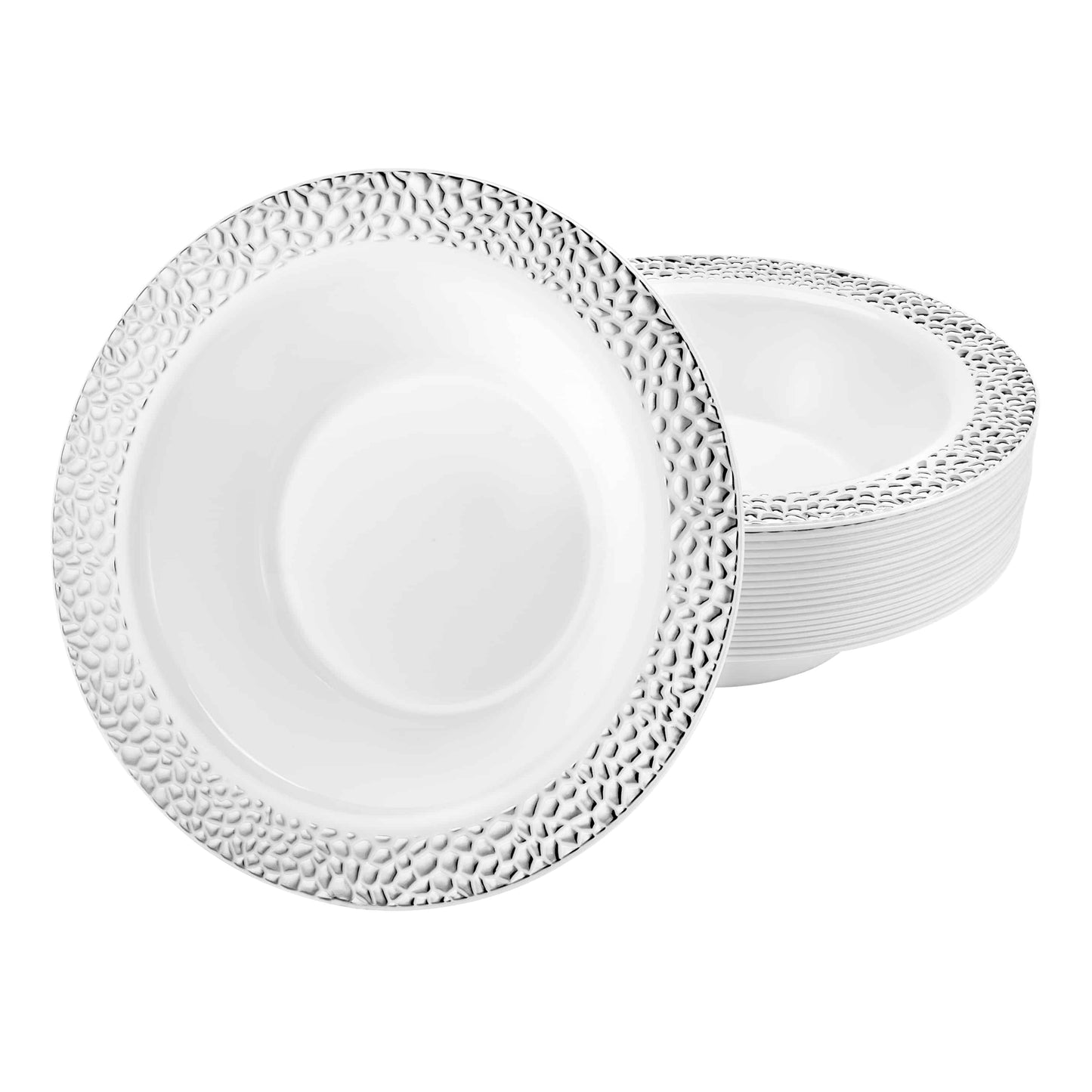 Pebbled Silver Bowls in 5oz and 14oz sizes with a textured design and silver finish, perfect for serving desserts, salads, and side dishes at elegant events