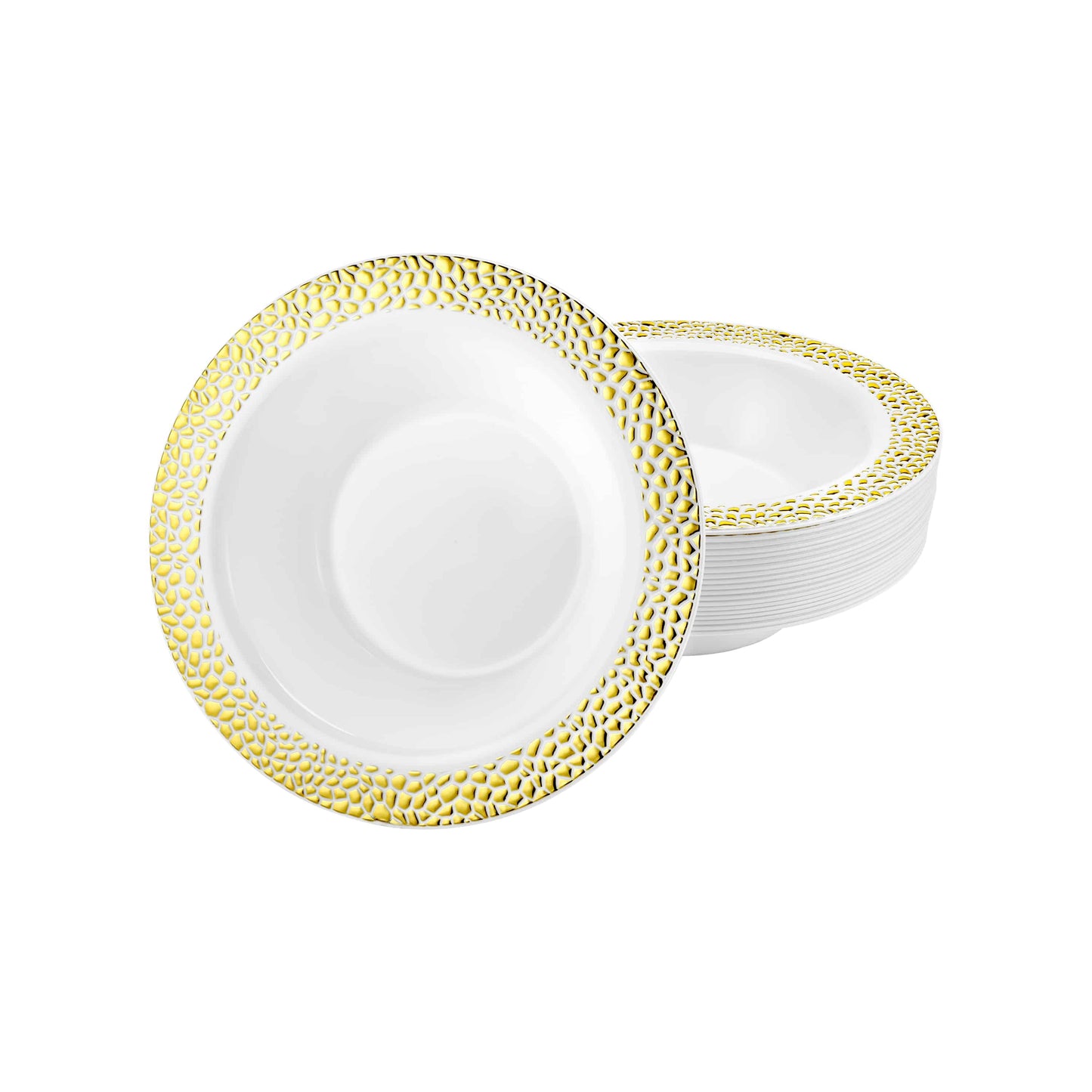 Elegant 5oz and 14oz Pebbled Gold Bowls featuring a stylish texture and gold finish, ideal for serving soups, desserts, and salads at weddings, parties, and formal events