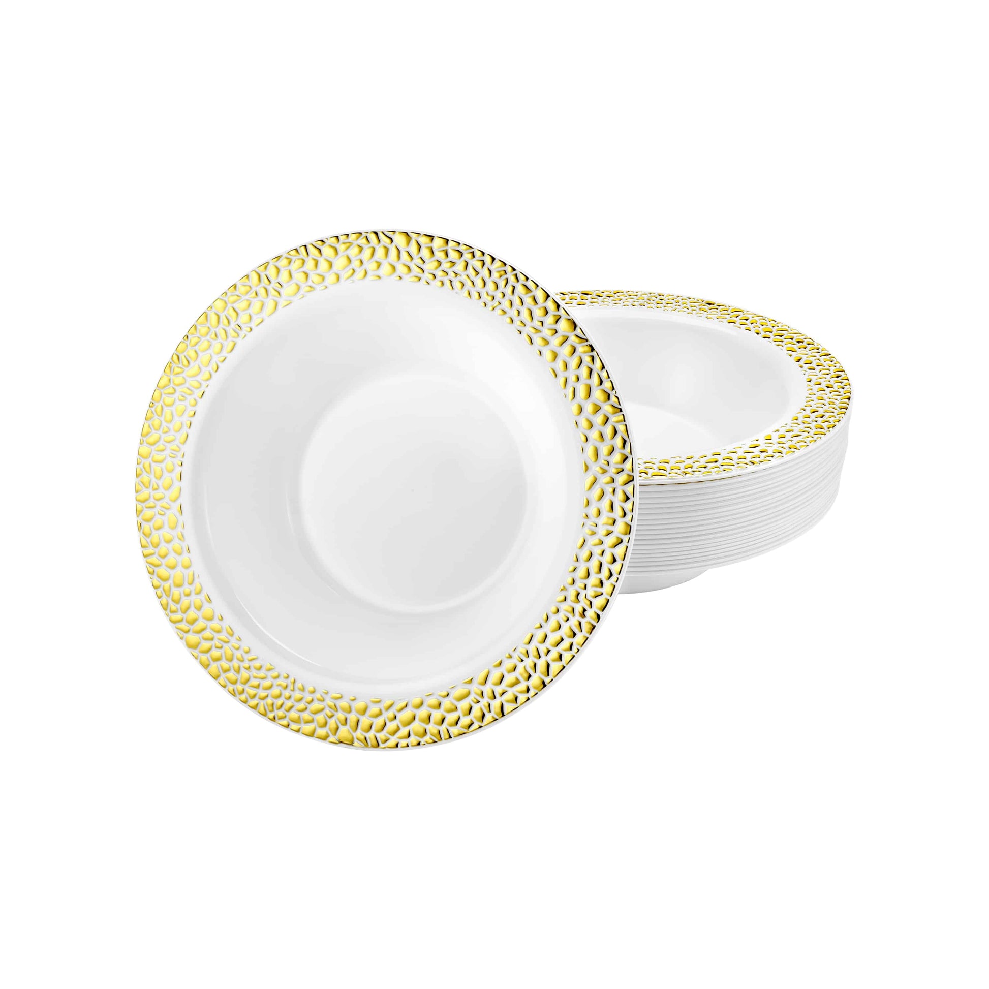 Elegant 5oz and 14oz Pebbled Gold Bowls featuring a stylish texture and gold finish, ideal for serving soups, desserts, and salads at weddings, parties, and formal events