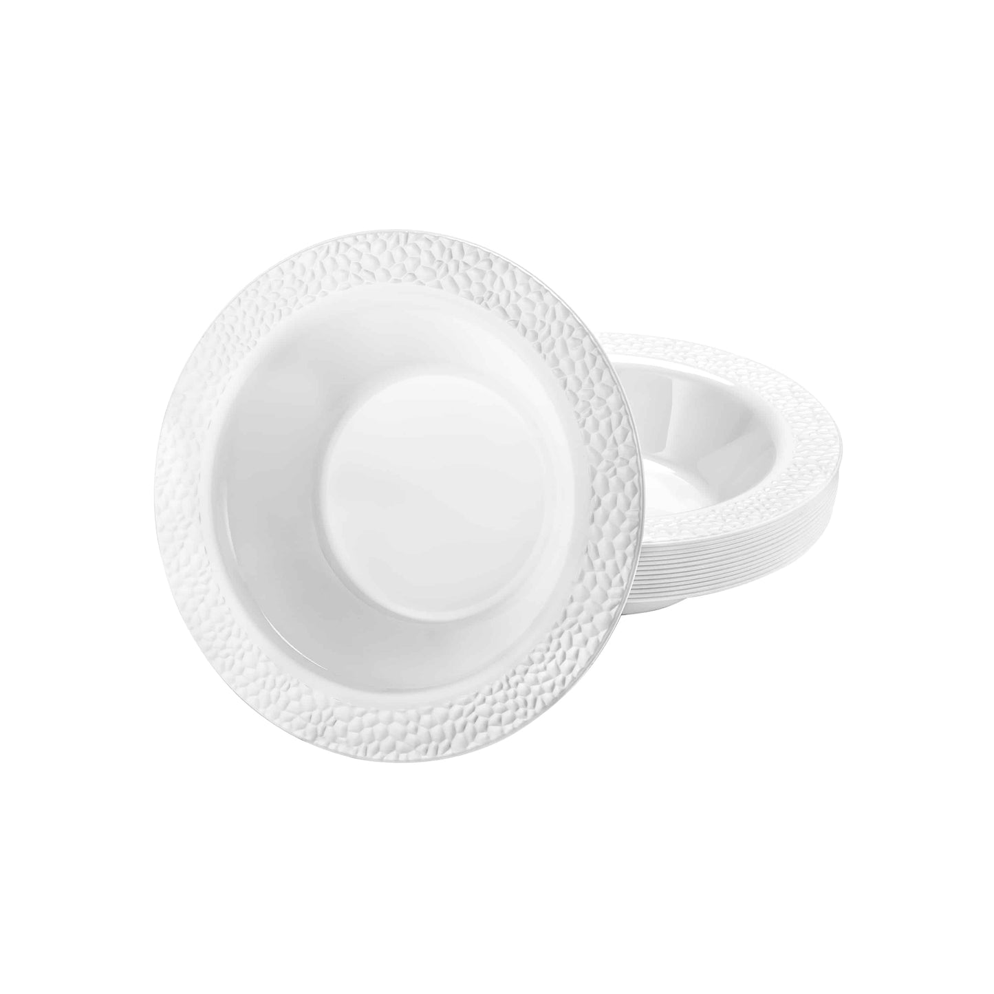 Elegant Pebbled Pearl Bowls in 5oz and 14oz sizes with a textured design and pearl finish, perfect for serving soups, salads, or desserts at formal events and celebrations