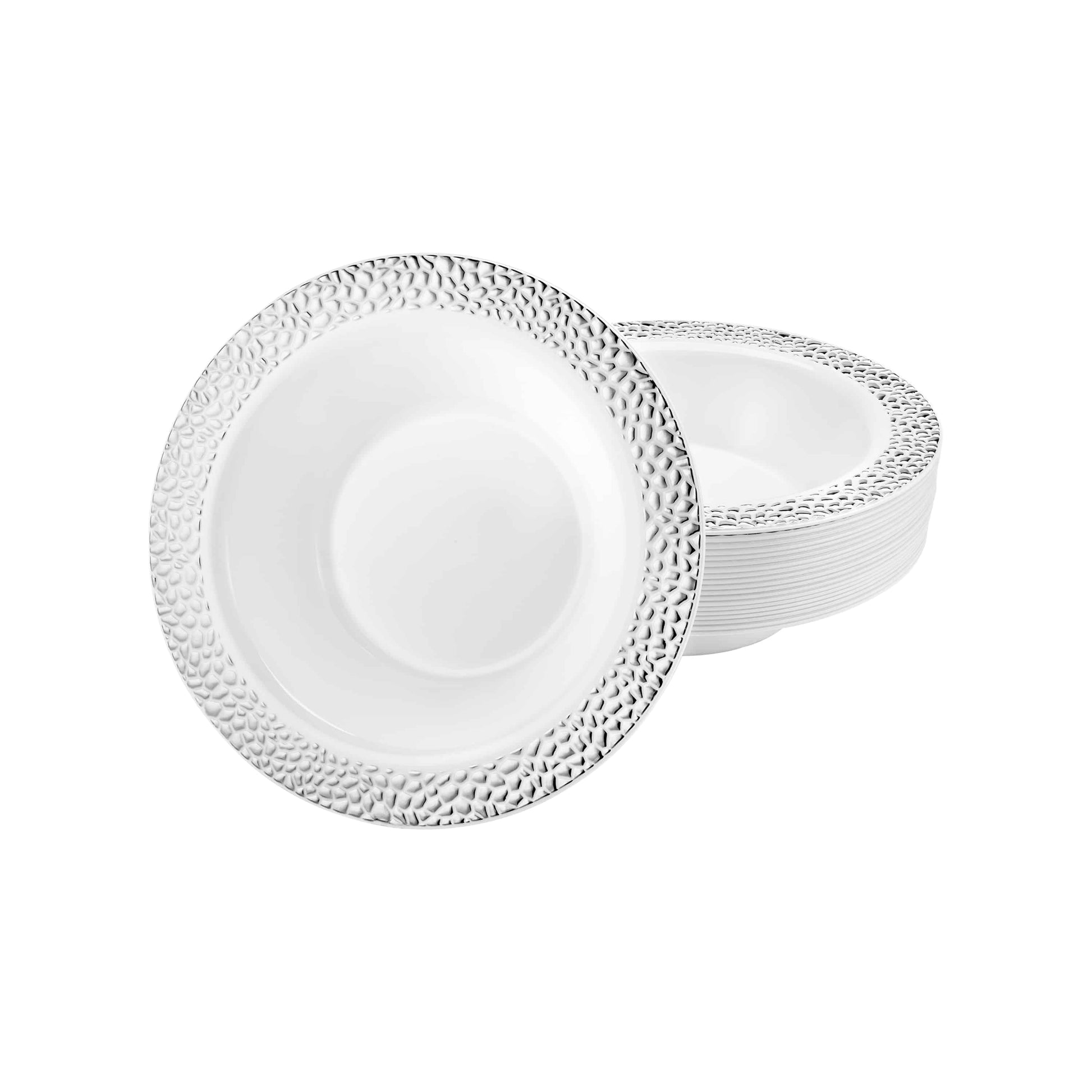 Pebbled Silver Bowls in 5oz and 14oz sizes with a textured design and silver finish, perfect for serving desserts, salads, and side dishes at elegant events