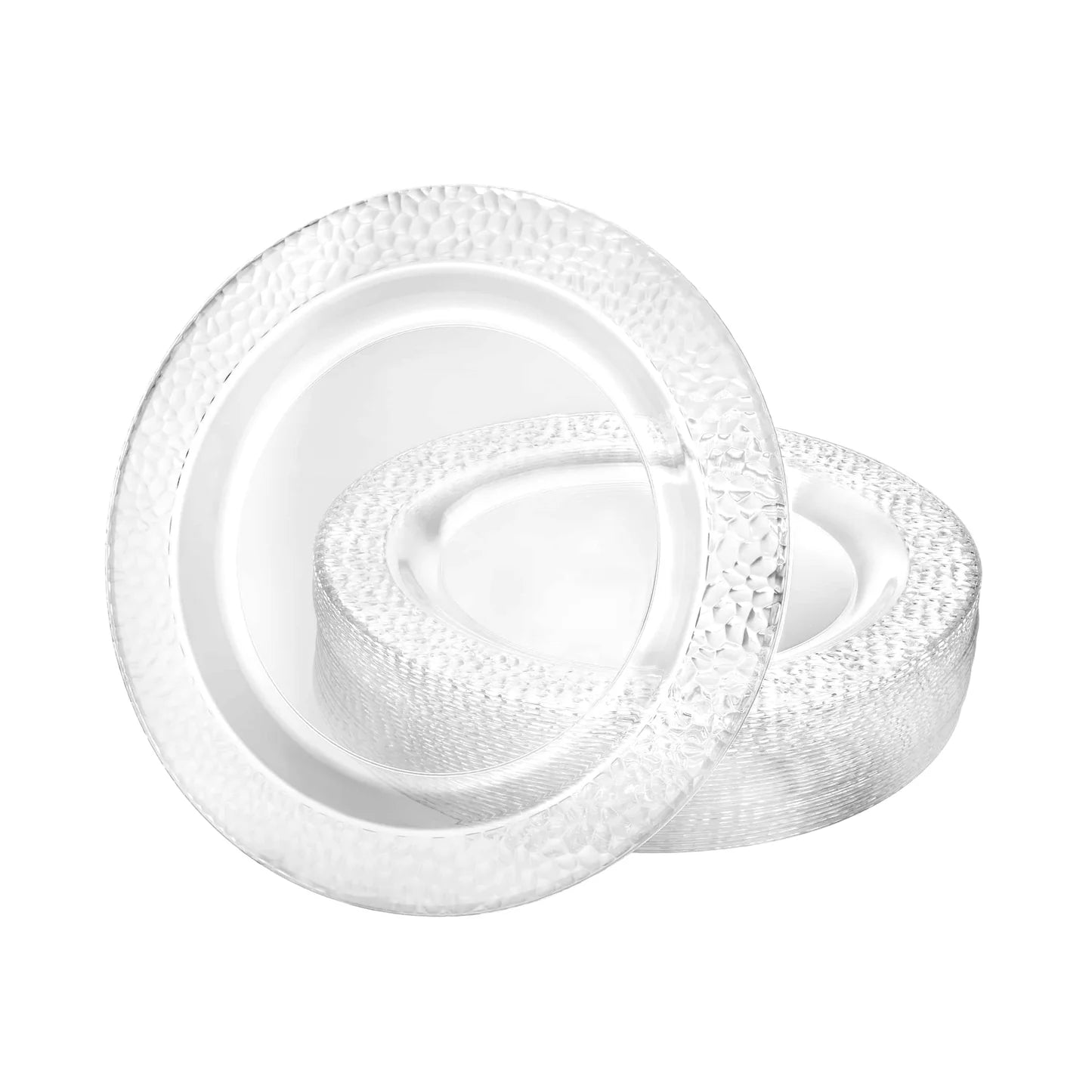 Pebbled Clear Plates in 7.5", 9", and 10.25" sizes; premium disposable plates for elegant dining, perfect for weddings, parties, and upscale events, with a stylish pebbled texture design