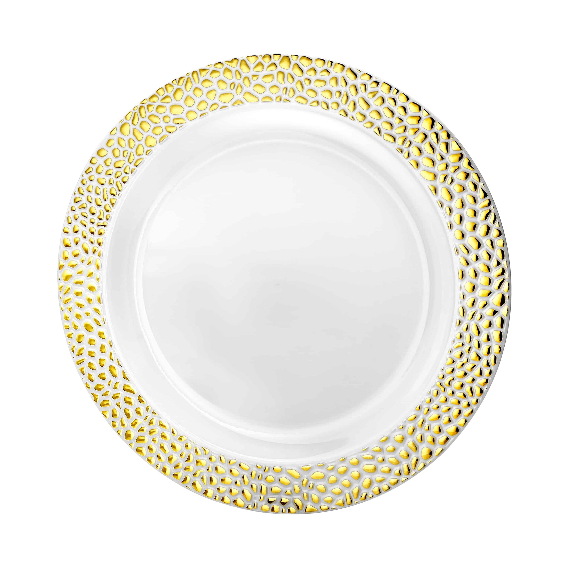 Stylish Pebbled Gold Plates available in 7.5", 9", and 10.25" sizes with textured design and gold finish, perfect for elegant dining at weddings, parties, and formal events