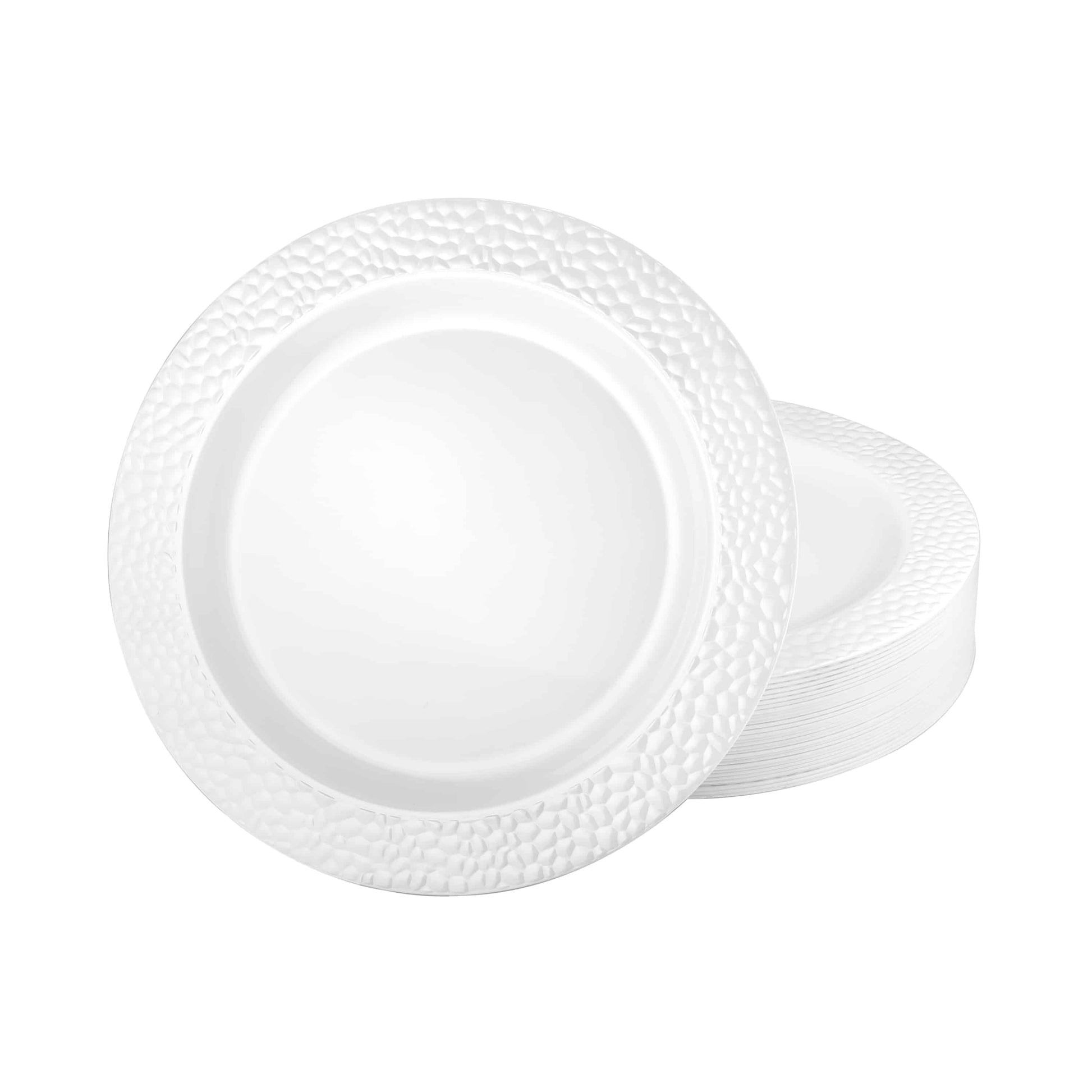 Pebbled Pearl Plates in 7.5", 9", and 10.25" sizes; elegant disposable plates with a pebbled texture and pearl finish, perfect for weddings, events, and sophisticated dining experiences
