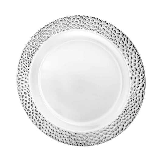 Elegant Pebbled Silver Plates in 7.5-inch, 9-inch, and 10.25-inch sizes with a stylish texture and silver finish, perfect for formal events, weddings, and parties