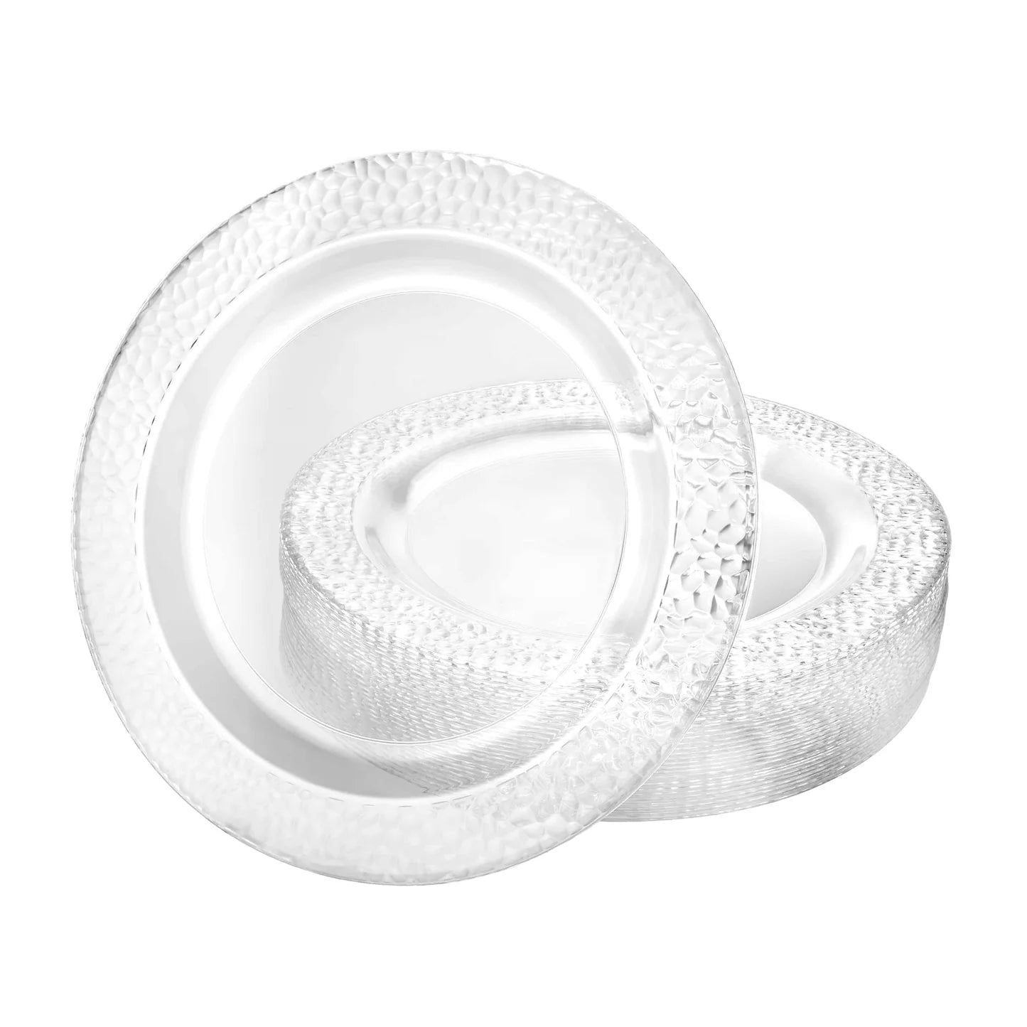 Pebbled Clear Plates in 7.5", 9", and 10.25" sizes; premium disposable plates for elegant dining, perfect for weddings, parties, and upscale events, with a stylish pebbled texture design