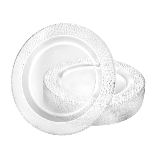 Pebbled Clear Plates in 7.5", 9", and 10.25" sizes; premium disposable plates for elegant dining, perfect for weddings, parties, and upscale events, with a stylish pebbled texture design