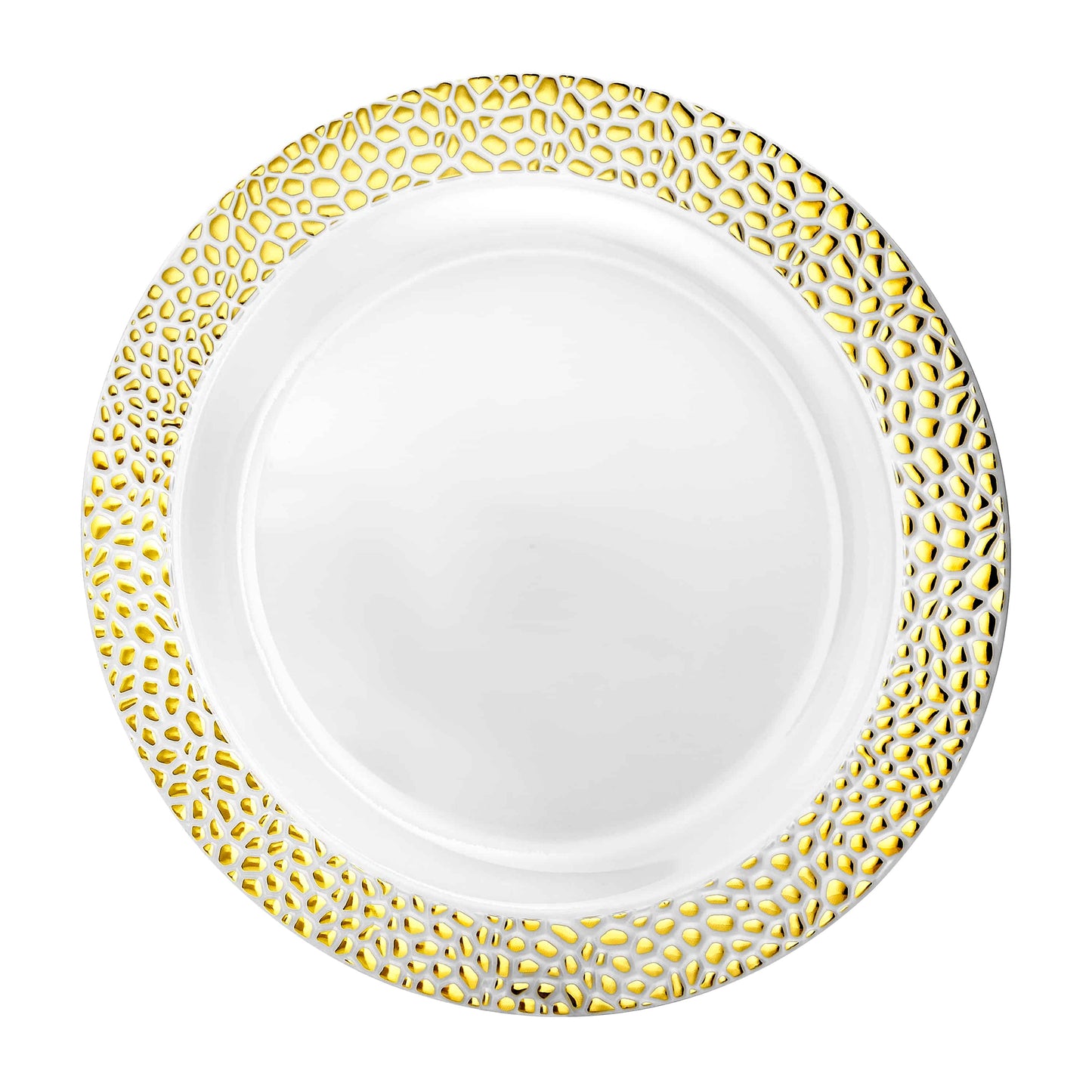 Stylish Pebbled Gold Plates available in 7.5", 9", and 10.25" sizes with textured design and gold finish, perfect for elegant dining at weddings, parties, and formal events