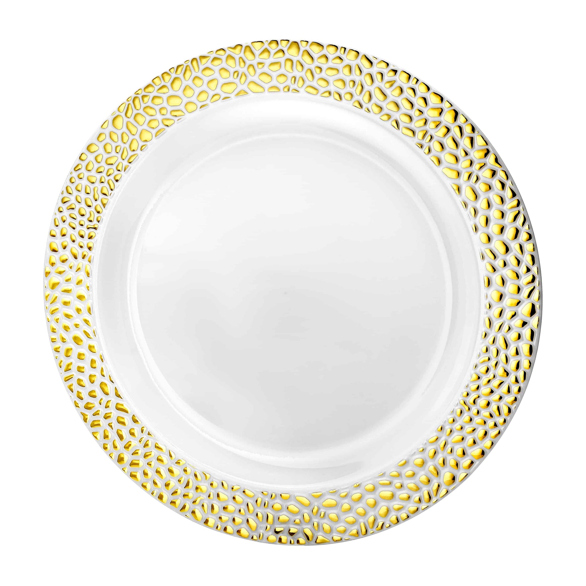Stylish Pebbled Gold Plates available in 7.5", 9", and 10.25" sizes with textured design and gold finish, perfect for elegant dining at weddings, parties, and formal events