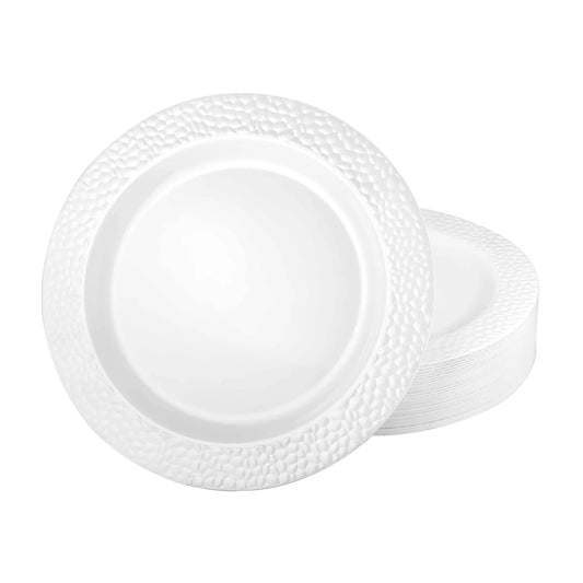Pebbled Pearl Plates in 7.5", 9", and 10.25" sizes; elegant disposable plates with a pebbled texture and pearl finish, perfect for weddings, events, and sophisticated dining experiences