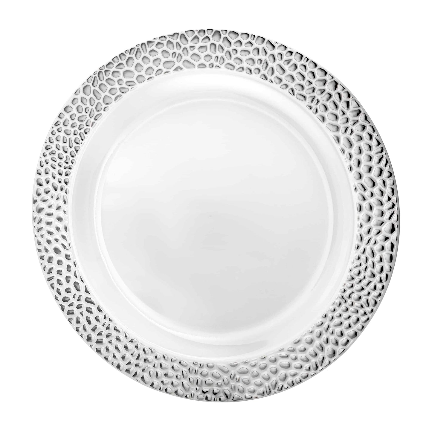 Elegant Pebbled Silver Plates in 7.5-inch, 9-inch, and 10.25-inch sizes with a stylish texture and silver finish, perfect for formal events, weddings, and parties