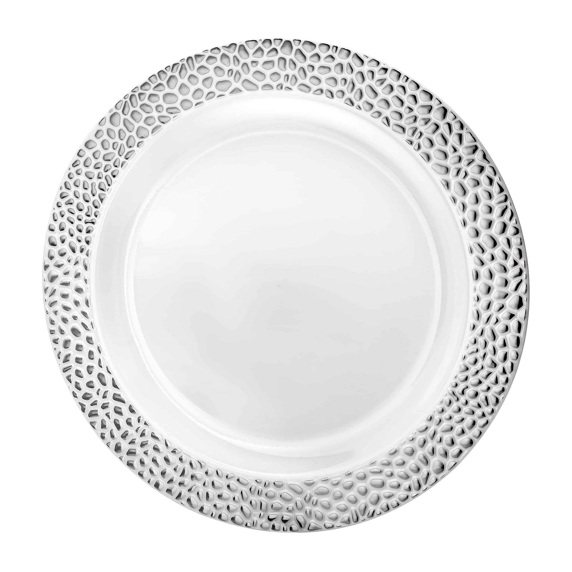 Elegant Pebbled Silver Plates in 7.5-inch, 9-inch, and 10.25-inch sizes with a stylish texture and silver finish, perfect for formal events, weddings, and parties