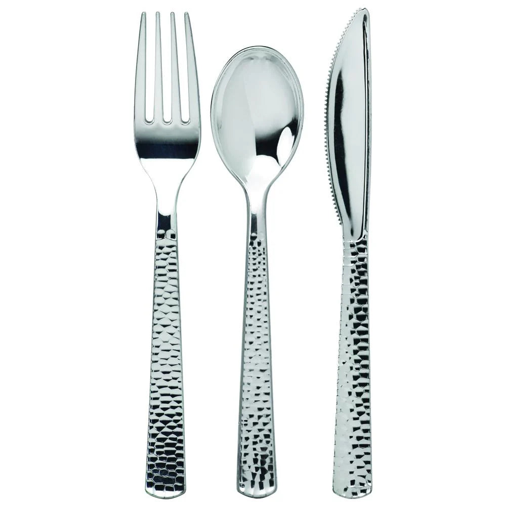 Pebbled Combo Cutlery set in gold and silver, ideal for weddings, events, and catering. Elegant, disposable utensils with a stylish pebbled texture for upscale dining and easy cleanup.