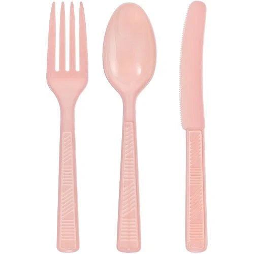 Colorful plastic cutlery set in pink, red, light blue, hot pink, silver, gold, blue, and black. Includes a fork, spoon, and knife. Durable, disposable, and perfect for events, catering, and takeout.