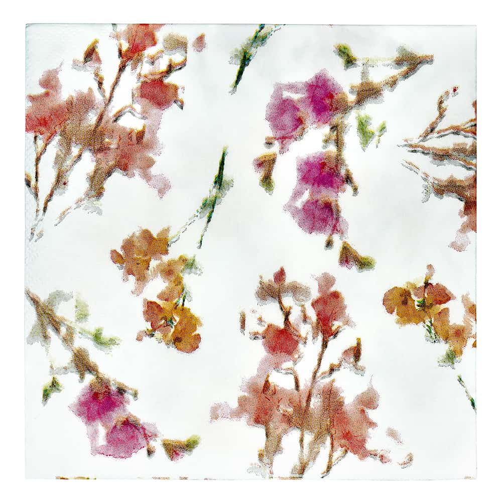 Elegant Blossoms Lunch Napkins with a vibrant floral design in blue, pink, and yellow. Perfect for parties, weddings, and events. High-quality, absorbent, and disposable for easy cleanup.