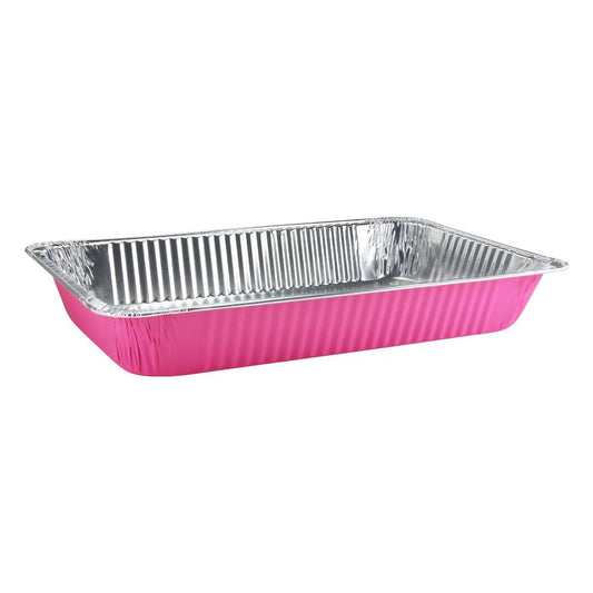 Full-size aluminum pan in red, white, black, gold, and pink. Heavy-duty, disposable, oven-safe, and durable. Great for baking, roasting, catering, and meal prep. Stylish and functional for all uses.