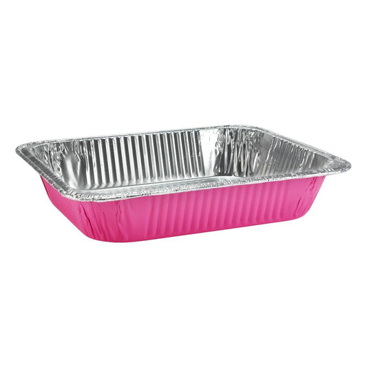 Half-size aluminum pan in red, white, black, gold, and pink. Heavy-duty, disposable, oven-safe, and durable. Perfect for baking, roasting, catering, and meal prep. Stylish and functional for all uses.