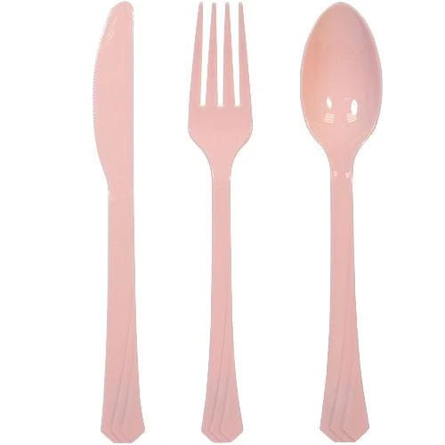 Plastic cutlery combo set with forks, knives, and spoons in Clear, Pearl, Yellow, Pink, Hydrangea, Light Blue, Silver, Gold, Island Blue, Red, Orange, Blue, Black, Hot Pink & Lime Green.