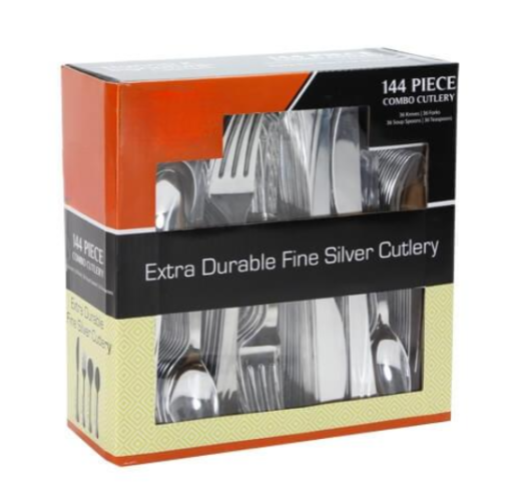 Polished silver plastic cutlery set in a boxed package, including forks, knives, and spoons. Elegant, durable, and disposable—perfect for weddings, upscale events, and fine dining occasions.