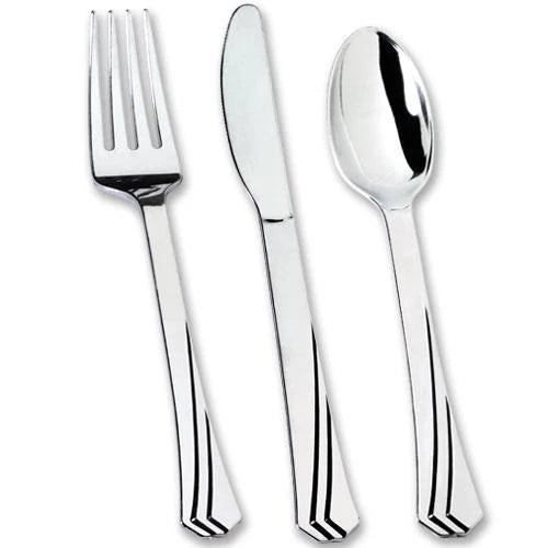 Polished silver plastic cutlery set with forks, knives, and spoons. Elegant, durable, and disposable—perfect for weddings, upscale events, and parties. Adds sophistication and convenience to any occasion.