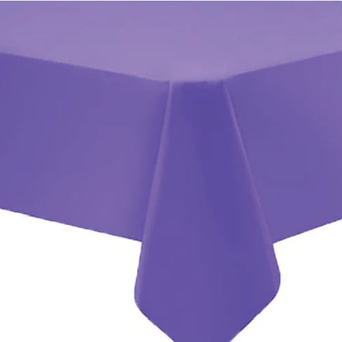 54"x108" table cover in white, red, blue, ivory, yellow, silver, lime green, hot pink, orange, black, green, gold, purple, and hunter green. Durable, disposable, and perfect for events.