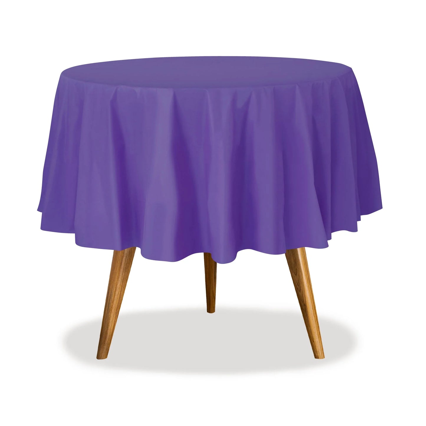 84" round table cover in white, red, blue, gold, yellow, black, silver, lime green, hot pink, orange, purple, and green. Durable, disposable, and perfect for events, parties, and catering.