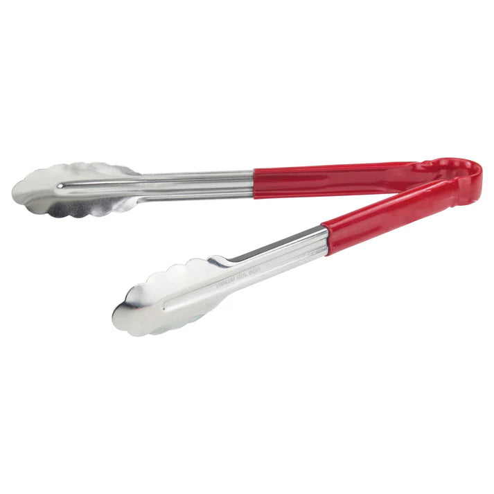 (Blue, Green, Black, Red, Yellow - 12", 16", 9") Utility Tong 12/Pack color-coded handles on these utility tongs are designed to help you develop your own color-coded program to promote safety and reduce the risk of cross-contamination. Long heavy-duty stainless steel utility tongs from Winco that feature a heavy-duty plastic handle. These tongs are designed especially for cold food service and they have scalloped edges.