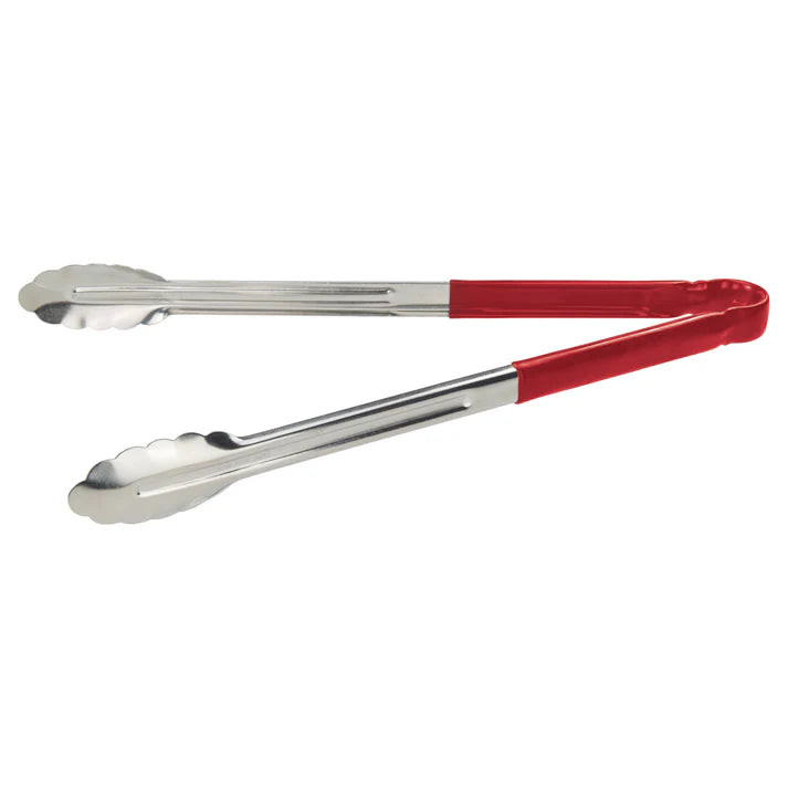 (Blue, Green, Black, Red, Yellow - 12", 16", 9") Utility Tong 12/Pack color-coded handles on these utility tongs are designed to help you develop your own color-coded program to promote safety and reduce the risk of cross-contamination. Long heavy-duty stainless steel utility tongs from Winco that feature a heavy-duty plastic handle. These tongs are designed especially for cold food service and they have scalloped edges.