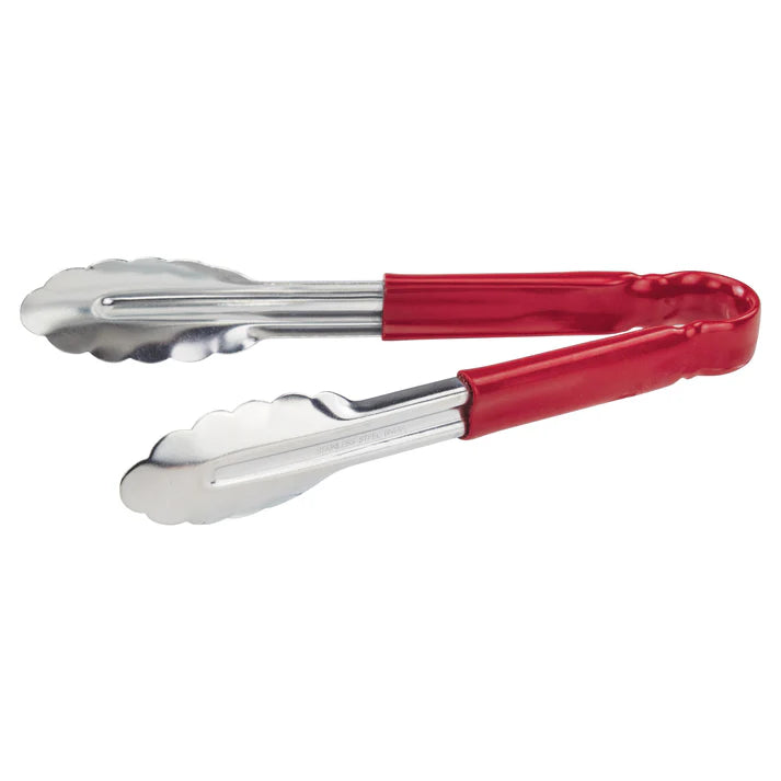 (Blue, Green, Black, Red, Yellow - 12", 16", 9") Utility Tong 12/Pack color-coded handles on these utility tongs are designed to help you develop your own color-coded program to promote safety and reduce the risk of cross-contamination. Long heavy-duty stainless steel utility tongs from Winco that feature a heavy-duty plastic handle. These tongs are designed especially for cold food service and they have scalloped edges.