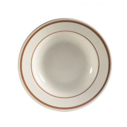 C.A.C. 10oz porcelain rim soup plate N.R. #7. Classic white, durable, and dishwasher-safe. 9" diameter. 24/Case. SKU: RSCAC-AZ-3.