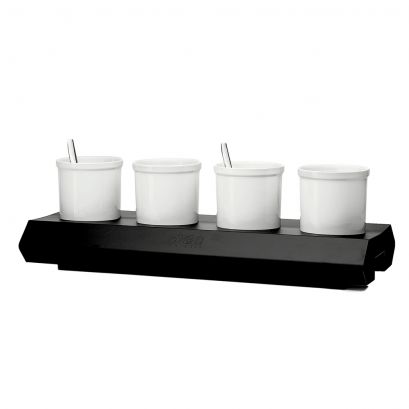 C.A.C. 4 Jam/Sauce Pots with Rect. Metal Stand, 1.25L each. Ideal for buffets and catering. 24 3/4" width, 1 set per case. SKU: RSCAC-BF-PS40.
