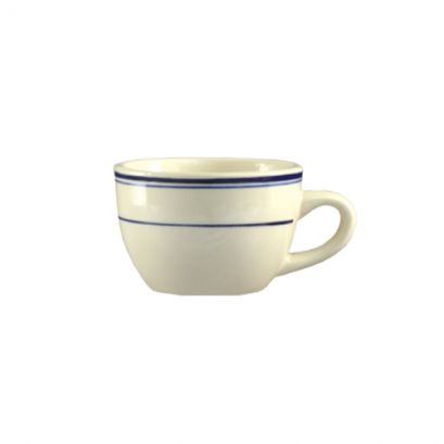 C.A.C. 7oz short porcelain cup, 3 3/4" tall. Durable, microwave & dishwasher safe. Sold as 36 per case. SKU: RSCAC-BLU-37.