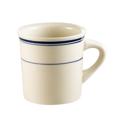 C.A.C. 8oz porcelain mug, 3 3/8" tall. Durable, microwave & dishwasher safe. Sold as 36 per case. SKU: RSCAC-BLU-38.