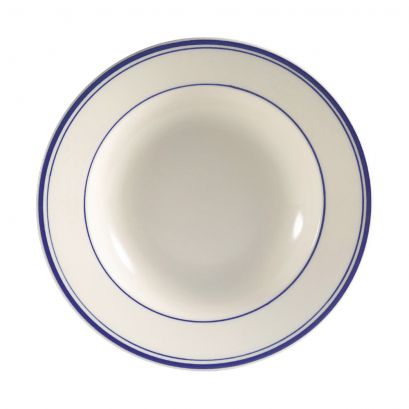 C.A.C. 9" Rim Soup Plate, 10oz capacity, premium porcelain, chip-resistant, dishwasher safe. Sold as 24 per case. SKU: RSCAC-BLU-3.