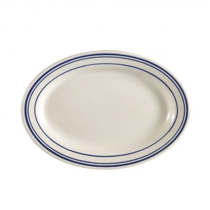 C.A.C. 15 1/2" oval porcelain platter, chip-resistant, microwave & dishwasher safe. Sold as 12 per case. SKU: RSCAC-BLU-51.
